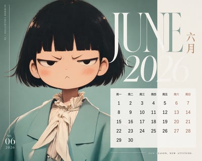 Chinese June 2026 fashion calendar with editorial portrait and readable Monday-start date grid