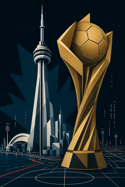 Vertical graphic poster showing a geometric CN Tower and a large golden trophy with a soccer ball bowl against a dark city grid background.