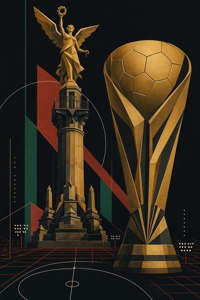 A vertical graphic poster showing a faceted gold Angel of Independence monument next to a large geometric gold trophy on a dark background w