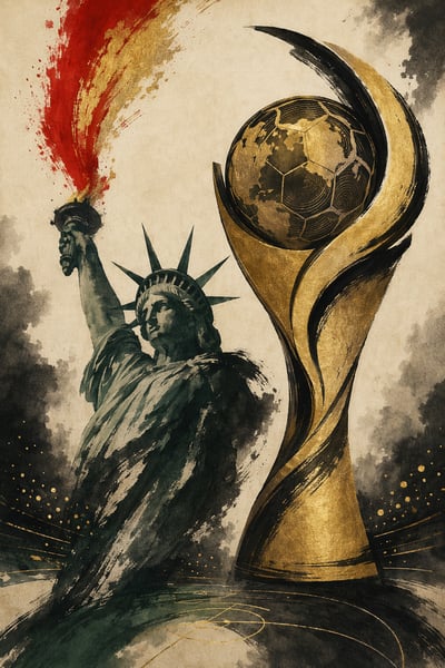 Vertical poster in Chinese ink-wash style featuring a calligraphic Statue of Liberty on the left and a gold leaf football trophy on the righ