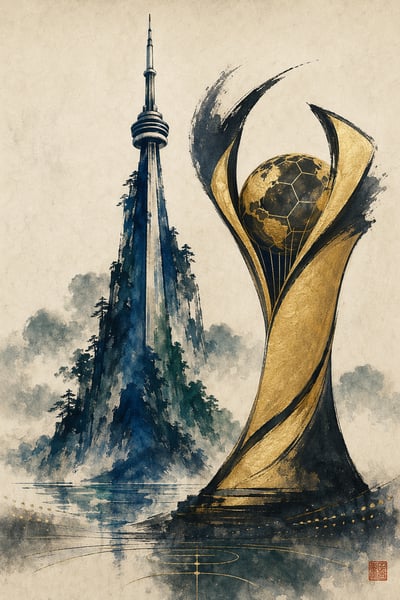 Vertical ink-wash painting showing the CN Tower as a blue and green mountain peak next to a sculptural gold trophy with a globe motif on ivo