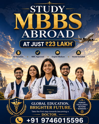 Professional education poster with five Indian medical students in white coats standing before a sunset sky with an airplane and world map.