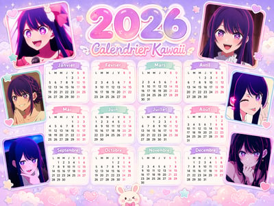 A 2026 yearly calendar poster in French with a purple and pink pastel anime theme, featuring 12 month grids and several illustrations of a p