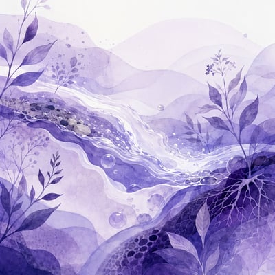 Purple watercolor nature background with flowing water, layered hills, river stones, bubbles, plant silhouettes, and visible roots.