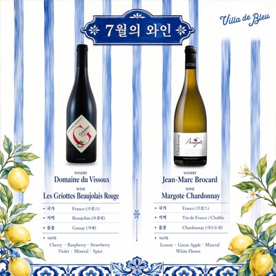 Korean wine-of-the-month menu card with two French wine bottles, tasting notes, blue vertical stripes, Villa de Bleu logo, and lemon illustrations.