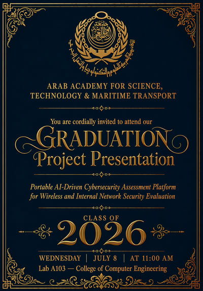 Formal navy graduation project invitation with gold typography, Arabic crest, ornate filigree border, date, time, and location.