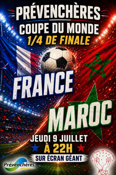 Football screening poster with France and Morocco colors, central soccer ball, stadium lights, match date, time, and large screen notice.