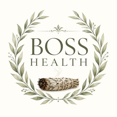 Boss Health wellness logo with serif lettering, a green laurel wreath, and a sage bundle on a cream background.