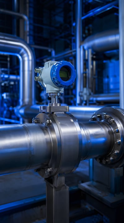 Blue industrial flow meter mounted on stainless-steel pipes with bolted flanges in a cool-lit factory.