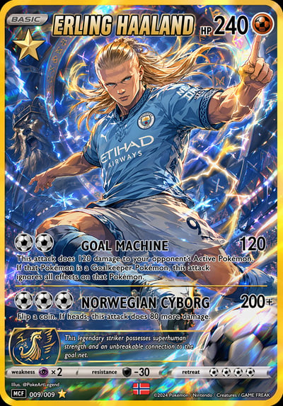 Fan-made anime trading card featuring Erling Haaland in a sky-blue kit with holographic foil and energy effects.