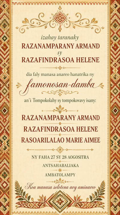 Malagasy famonosan-damba wedding invitation with cream paper, terracotta-gold lamba border, and centered text.