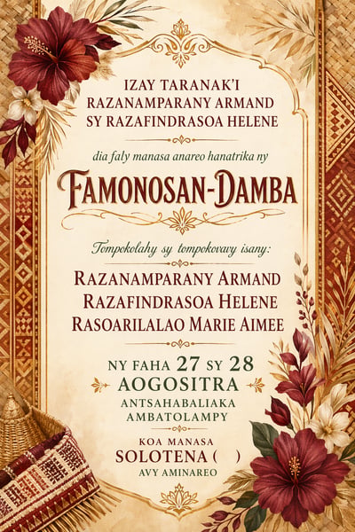 Malagasy event invitation with red hibiscus, gold filigree, woven borders, and cream paper.