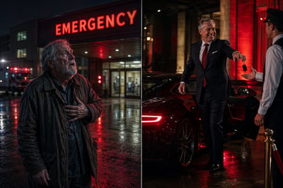 Diptych editorial photo contrasting an older man outside an emergency room with an executive beside a luxury car.