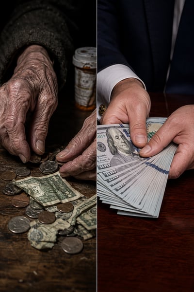 Diptych editorial photo contrasting elderly hands counting coins with manicured hands holding a fan of cash.