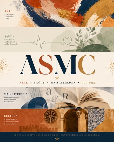 Portuguese ASMC poster with four bands for art, health, literacy, and culture in terracotta, navy, cream, and sage.