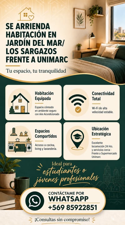 Spanish room-rental flyer with a bedroom photo, teal-and-cream amenity cards, and a WhatsApp contact block.