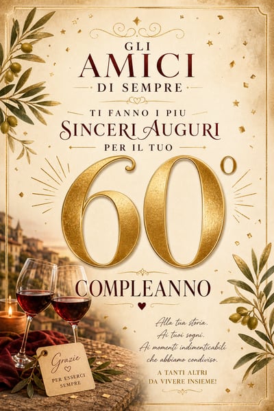 Italian 60th birthday poster with a large gold number, olive branches, wine glasses, and cream paper texture.