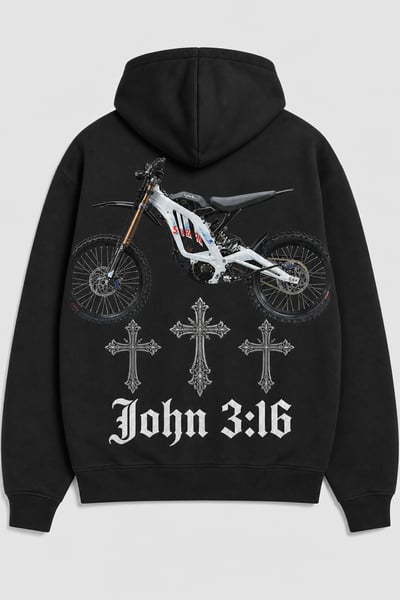 Back-view black hoodie mockup with an electric dirt bike, three crosses, and John 3:16 gothic lettering.