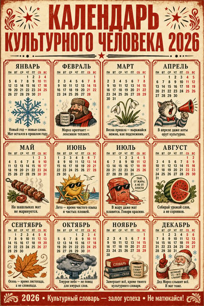 Russian 2026 calendar with 12 month grids, seasonal illustrations, Cyrillic text, and red-and-cream vintage styling.