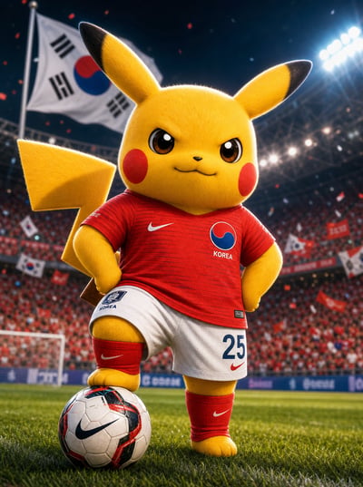 3D Pikachu in a red South Korea soccer jersey with a football on a lit stadium field.