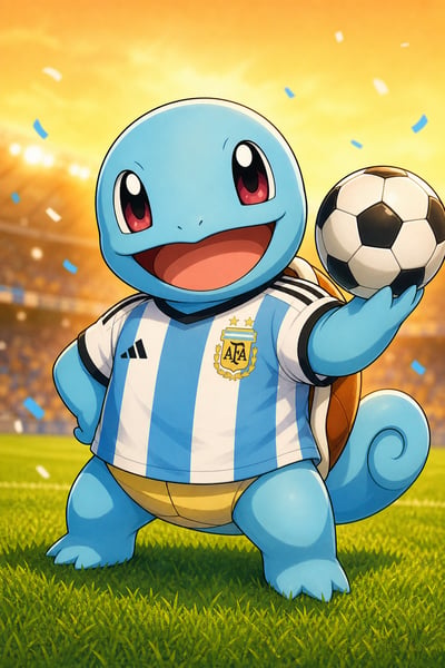 Squirtle in an Argentina blue-and-white soccer jersey holding a football on a stadium field.