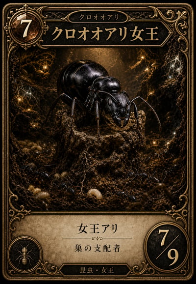 Vertical trading card showing a black carpenter ant queen in an underground nest with an ornate gold frame.