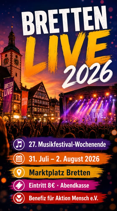 Vertical Bretten Live 2026 festival poster with a sunset town square, concert stage, and event details.