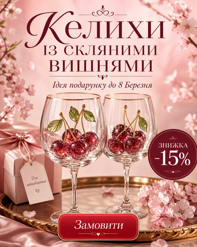 Pink spring gift poster with glass-cherry wine glasses, blossom accents, a discount badge, and order button.