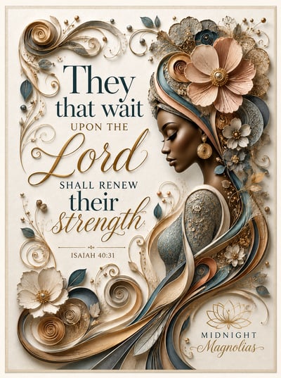 Ivory Isaiah 40:31 devotional card with woman in profile, ornate flowers, and teal, copper, and gold botanical details.