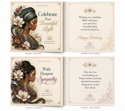 Four-panel botanical greeting card set with Black women’s portraits, magnolia flowers, and birthday and sympathy messages.