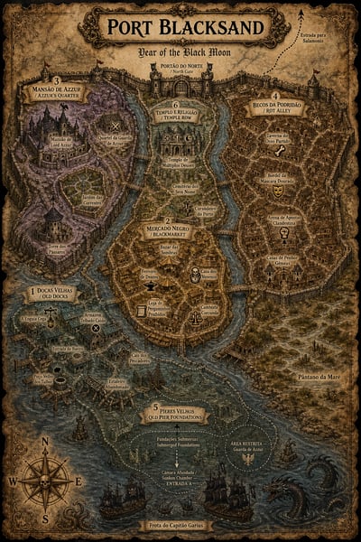 Port Blacksand parchment city map with six districts, waterways, docks, ships, and sea monsters