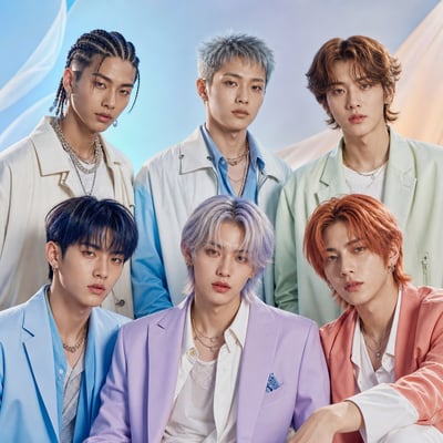 Six fictional male pop performers in pastel tailoring posed against a blue-peach studio set