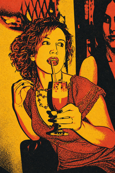 Three-color pop-art portrait of a curly-haired woman sipping a cocktail