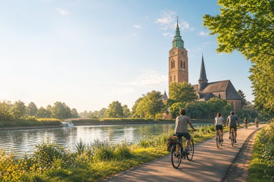 Cyclists beside the Datteln canal with Amanduskirche in the distance