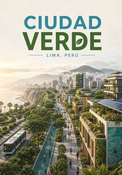 Ciudad Verde poster showing a greener Lima with cycleway, gardens, solar panels, and coastal hills