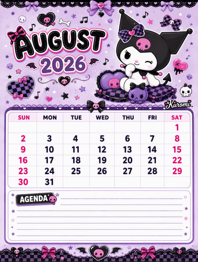 Kuromi August 2026 desk calendar with purple date grid and lined agenda section
