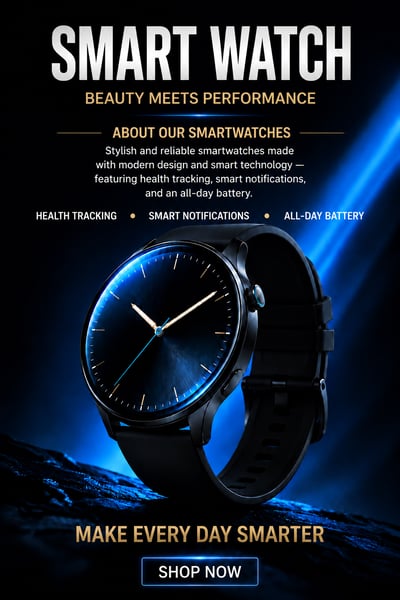 Premium English smartwatch advertising poster in navy and cobalt with feature labels