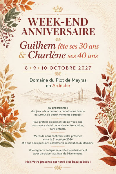 French Ardèche birthday-weekend invitation with autumn foliage, venue, dates, and programme
