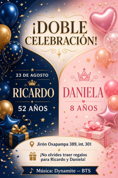 Spanish double-birthday invitation for Ricardo and Daniela in navy, pink, and champagne