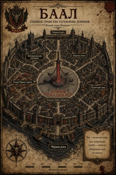 Russian fantasy map of Baal with layered walls, black river, port, and a cursed sword square