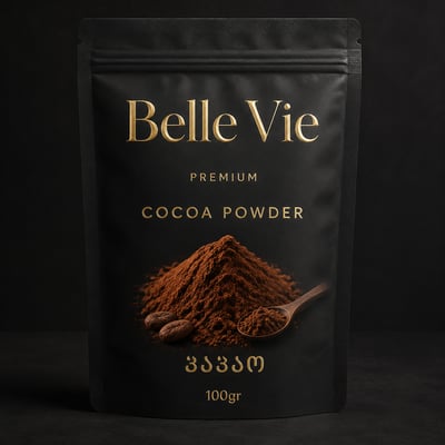 Matte-black Belle Vie cocoa pouch with gold foil lettering and cocoa powder image