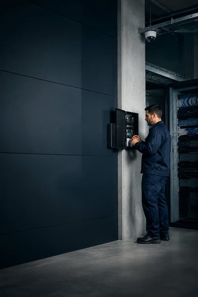 Technician inspecting an access-control panel beside a network rack in a Chilean facility