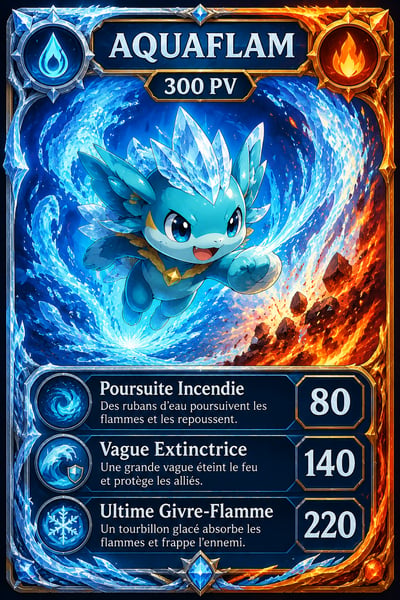 AquaFlam turquoise creature game card with water-and-ice attacks and ember-orange frame