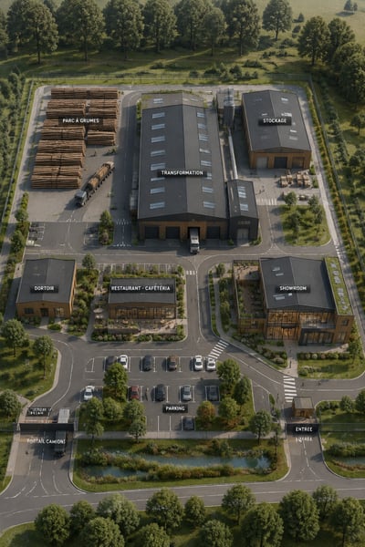 Aerial 3D masterplan of a wood-processing campus with halls, showroom, roads, and landscaping
