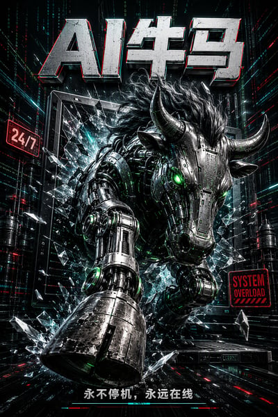 Silver-black mechanical bull-horse breaking through a cyberpunk data factory poster