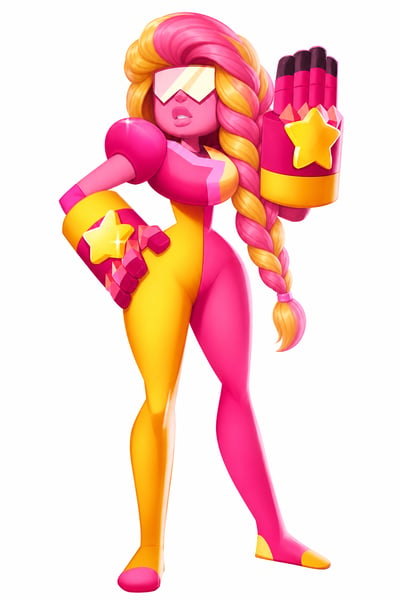 Full-body heroine in a pink-and-yellow suit with a long two-tone braid, geometric visor, and star-shaped gauntlets