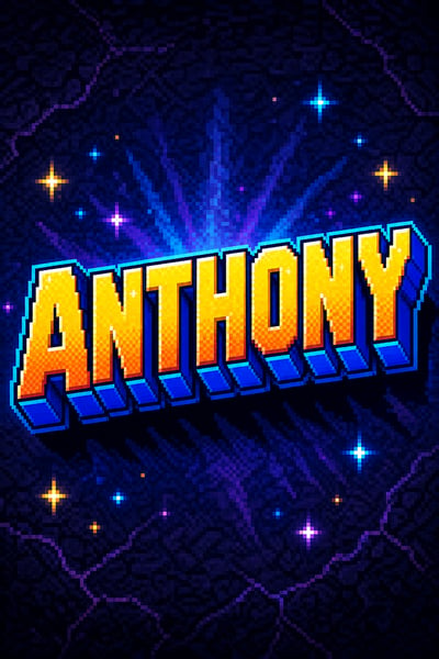 ANTHONY in gold-orange 16-bit pixel letters with cyan edging and blue 3D shadow on a dark arcade background