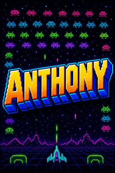 ANTHONY pixel wordmark with blue 3D extrusion, neon alien rows, CRT scanlines, and a dark arcade starfield