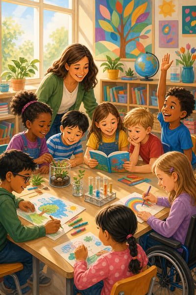 Teacher and eight children reading, drawing, planting, and exploring science around a sunlit classroom table