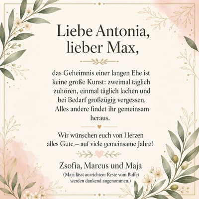 Quadratische Hochzeitskarte mit deutschem Text, Olivenzweigen, weißen Blüten und feinem Goldrahmen